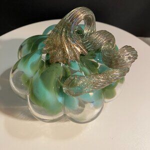 Hand-blown art glass pumpkin in gorgeous shades of aqua, teal, and soft green